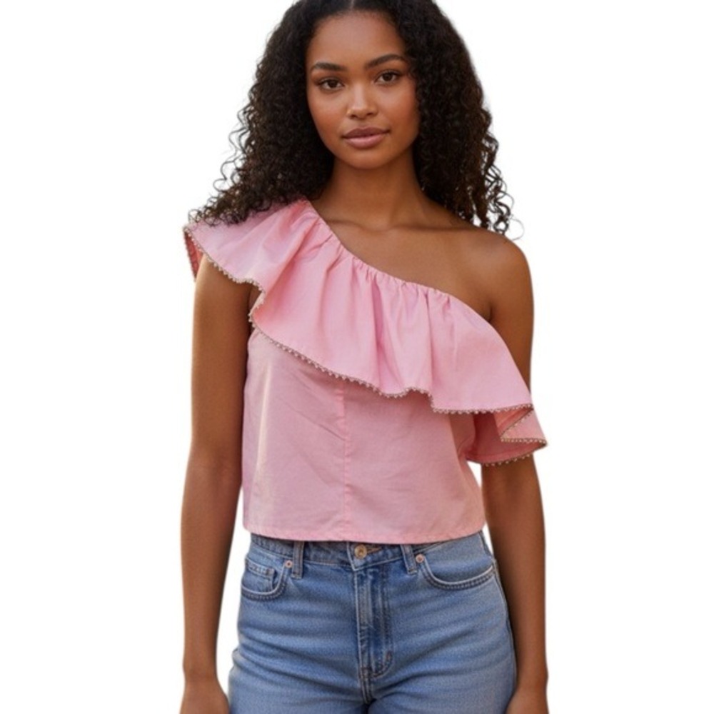 Wildfox Ruffle One Shoulder Davenay Top, Color Candy Pink, Size Large